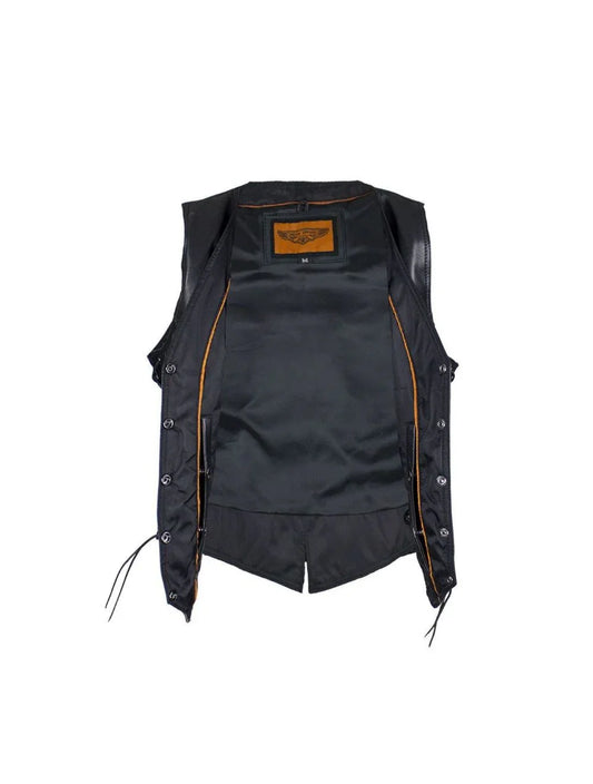 Womens Motorcycle Vest With Braid and Side Laces Conceal Gun Pockets