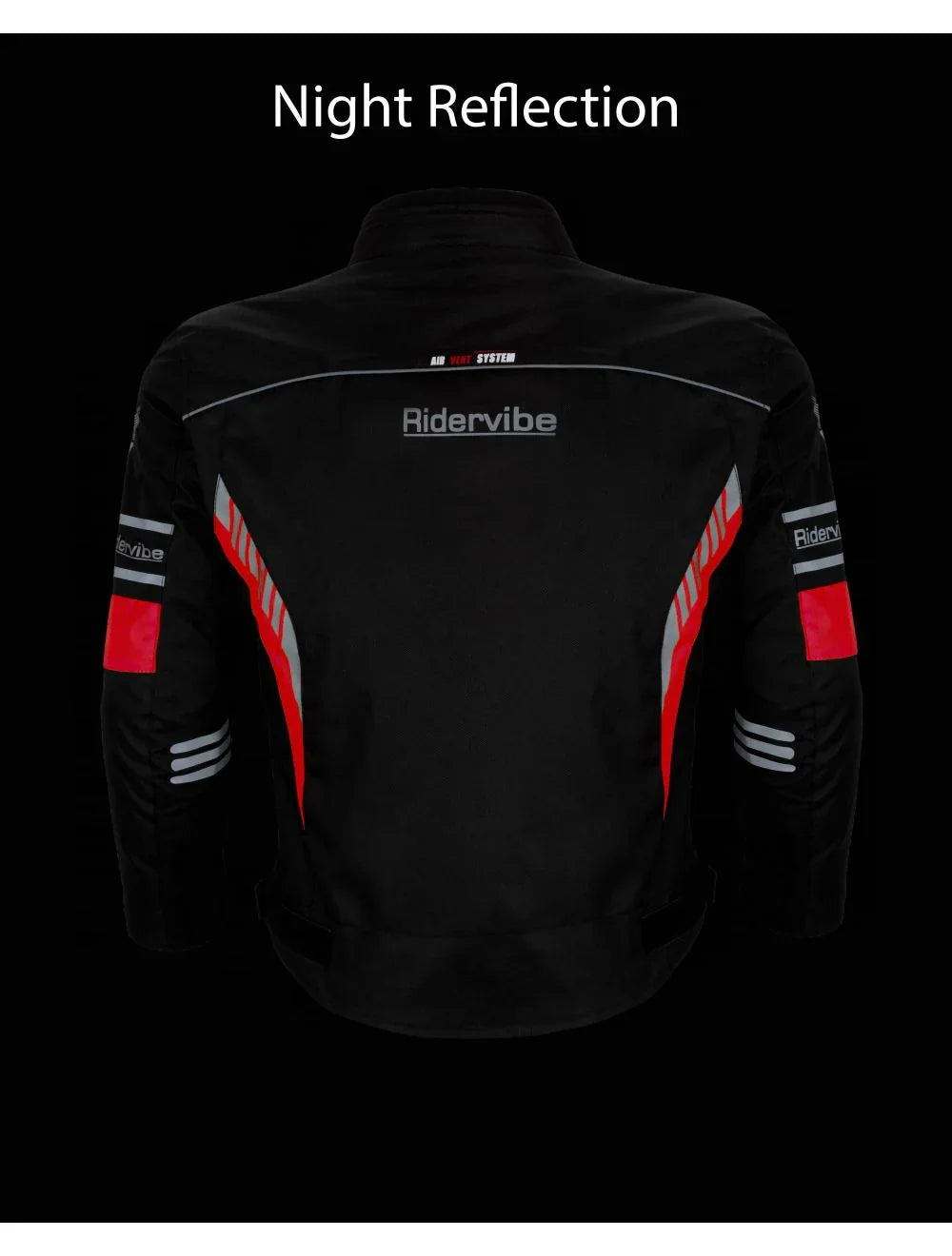 Rear night-time view of reflective CE motorcycle jacket in black and red