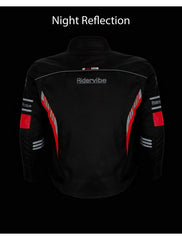 Rear night-time view of reflective CE motorcycle jacket in black and red