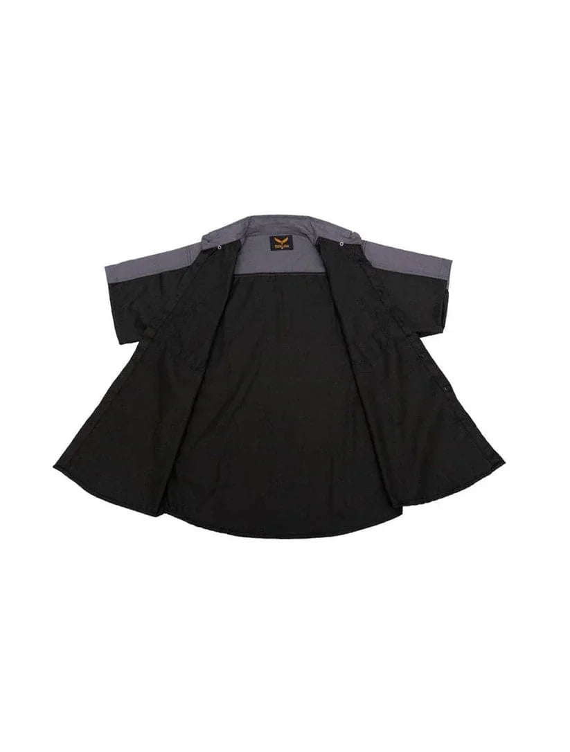 Open view of Mechanic Motorcycle Work Shirt Grey Black showing interior and stitching – Durable Reflective Shirt for Men – Wide Wing Store