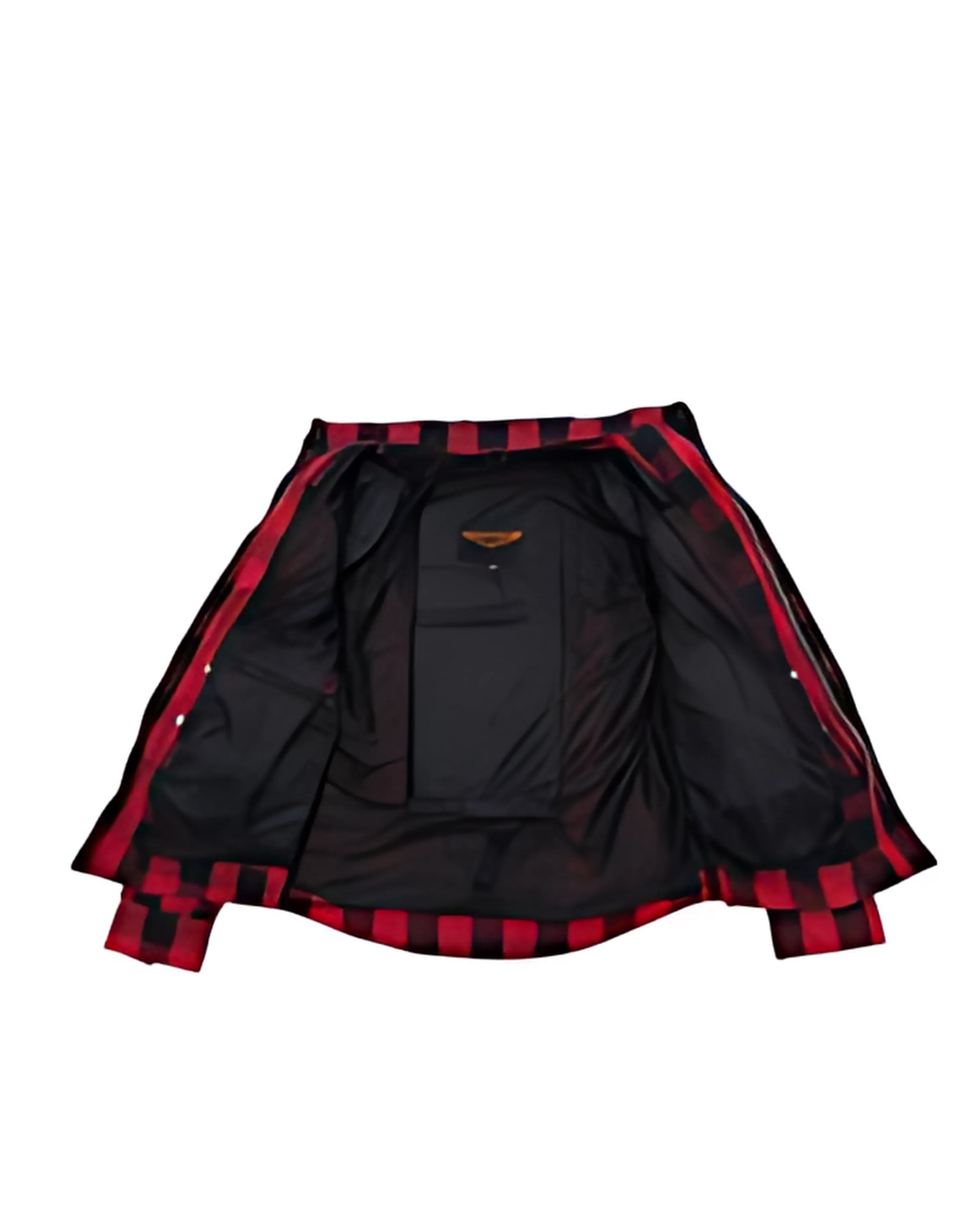 Open view showing quilted interior and inner pocket of men’s flannel riding shirt