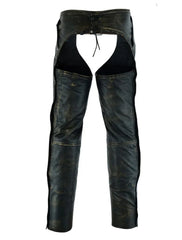 Rear view showing lace-back closure and
rugged cowhide finish on motorcycle chaps