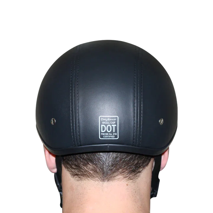 Back view of rider wearing Daytona Skull
Cap Leather Covered Helmet – DOT