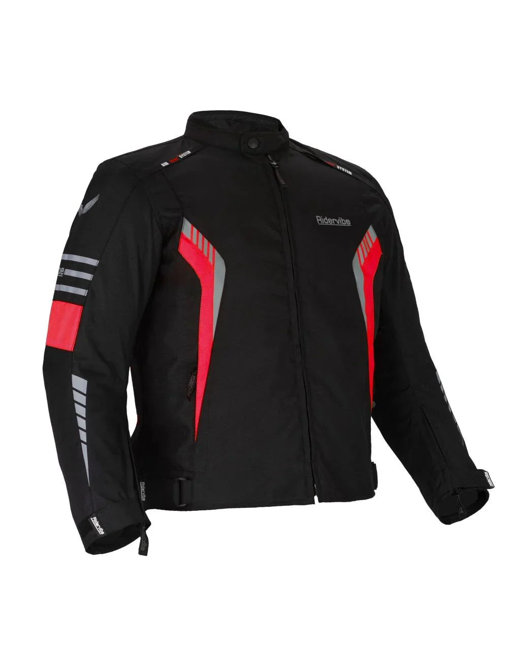Side angle of waterproof red and black armored biker jacket with adjustable cuffs