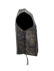 Close up of side laces on
Women’s Longer Cut Distressed
Cowhide Leather Vest