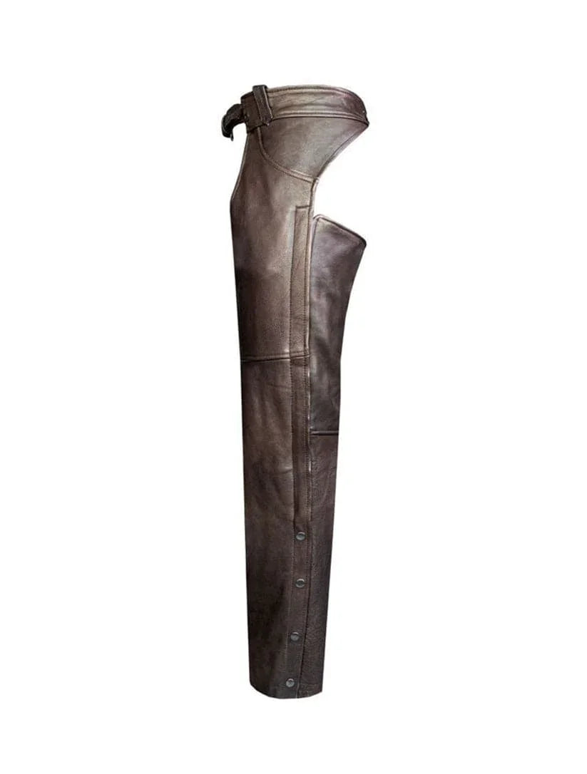 Side Profile of Durable Brown Motorcycle
Chaps with Snap Buttons
