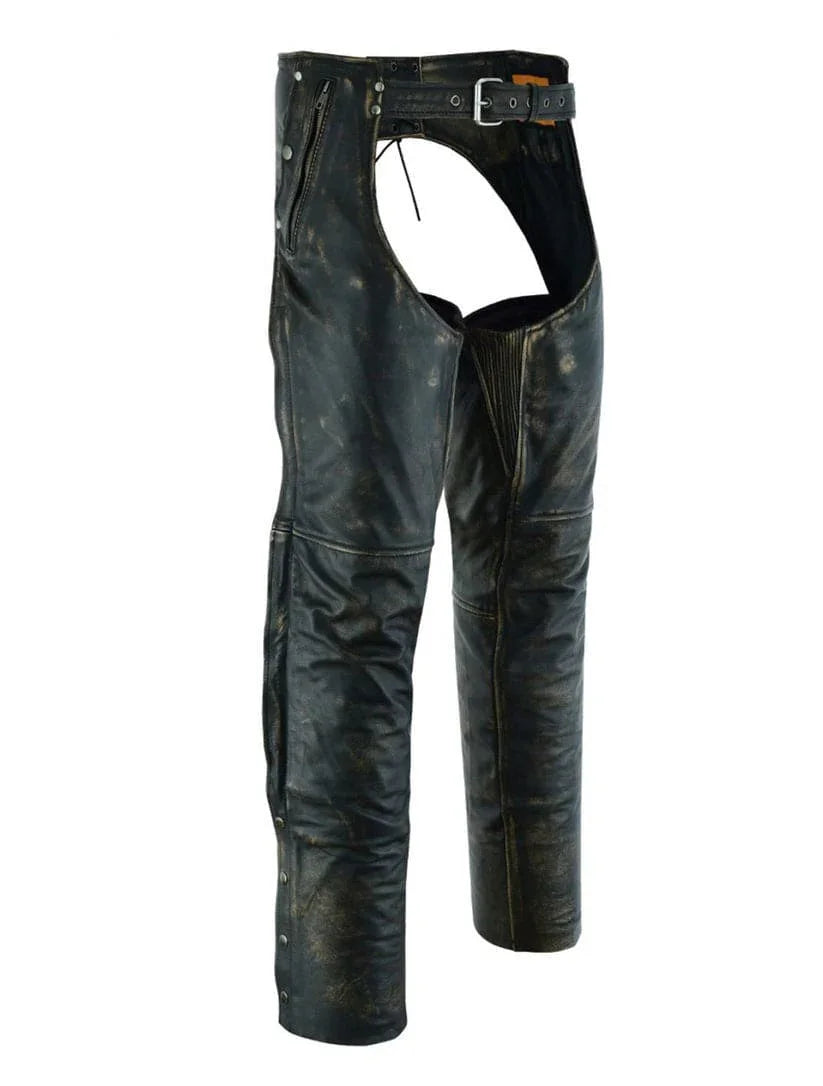 Side view of genuine brown leather
motorcycle chaps with zipper and buckle