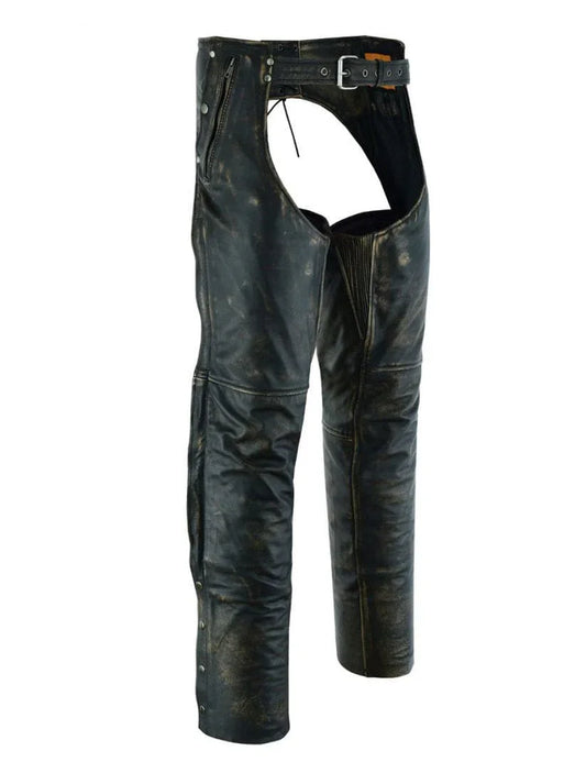 Side view of genuine brown leather
motorcycle chaps with zipper and buckle