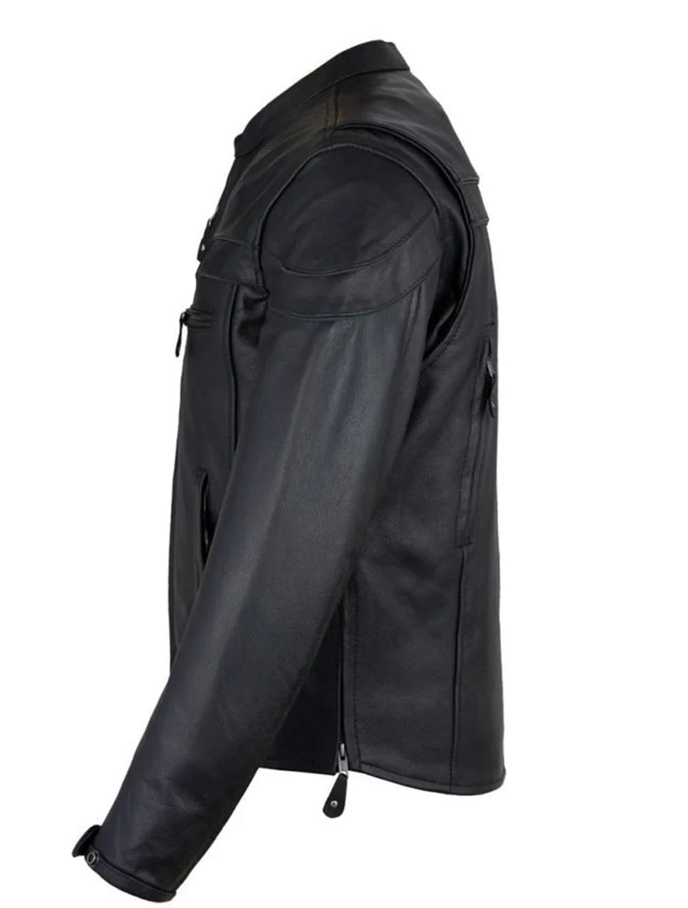 Side view showing ventilation and stitching of biker leather jacket