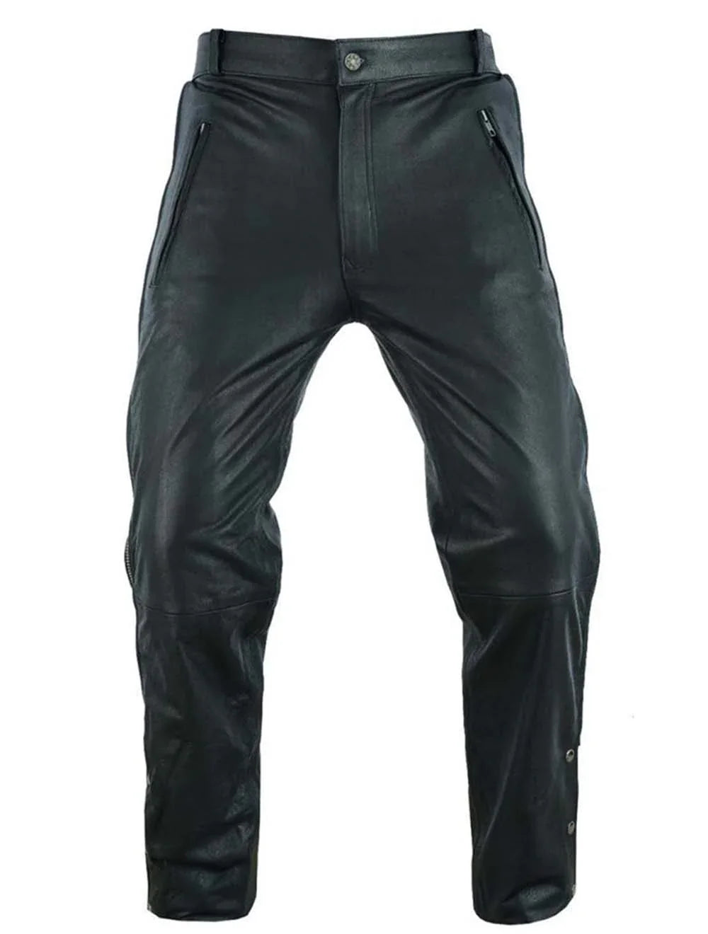 Full-side zipper and snap button detail – men’s genuine leather biker pants