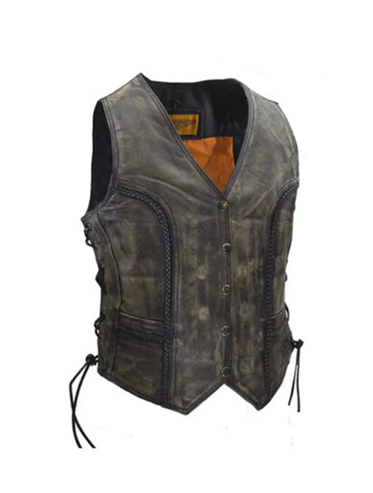 Side view showing Women’s
Distressed Brown Cowhide
Motorcycle Vest with Side Laces
