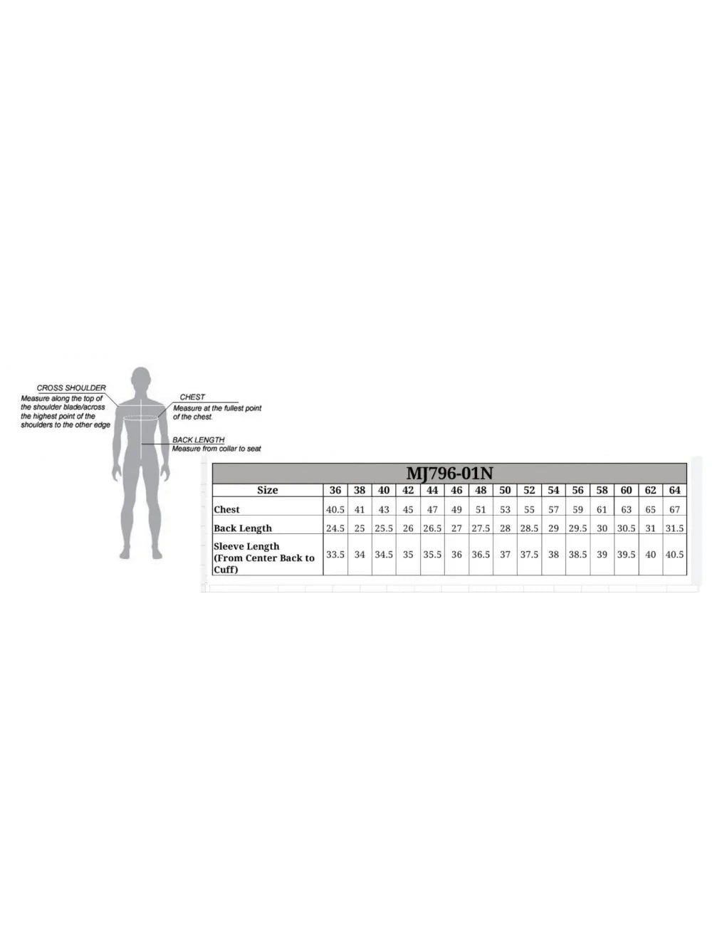 Jacket measurement guide for chest, sleeve, and back length