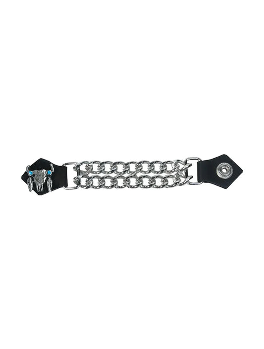 Steer Skull Vest Extender with Dual Chrome Chain and Leather Ends for Motorcycle Vests
