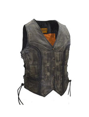 Angled front shot of Women’s
Longer Cut Distressed Brown
Cowhide Motorcycle Vest