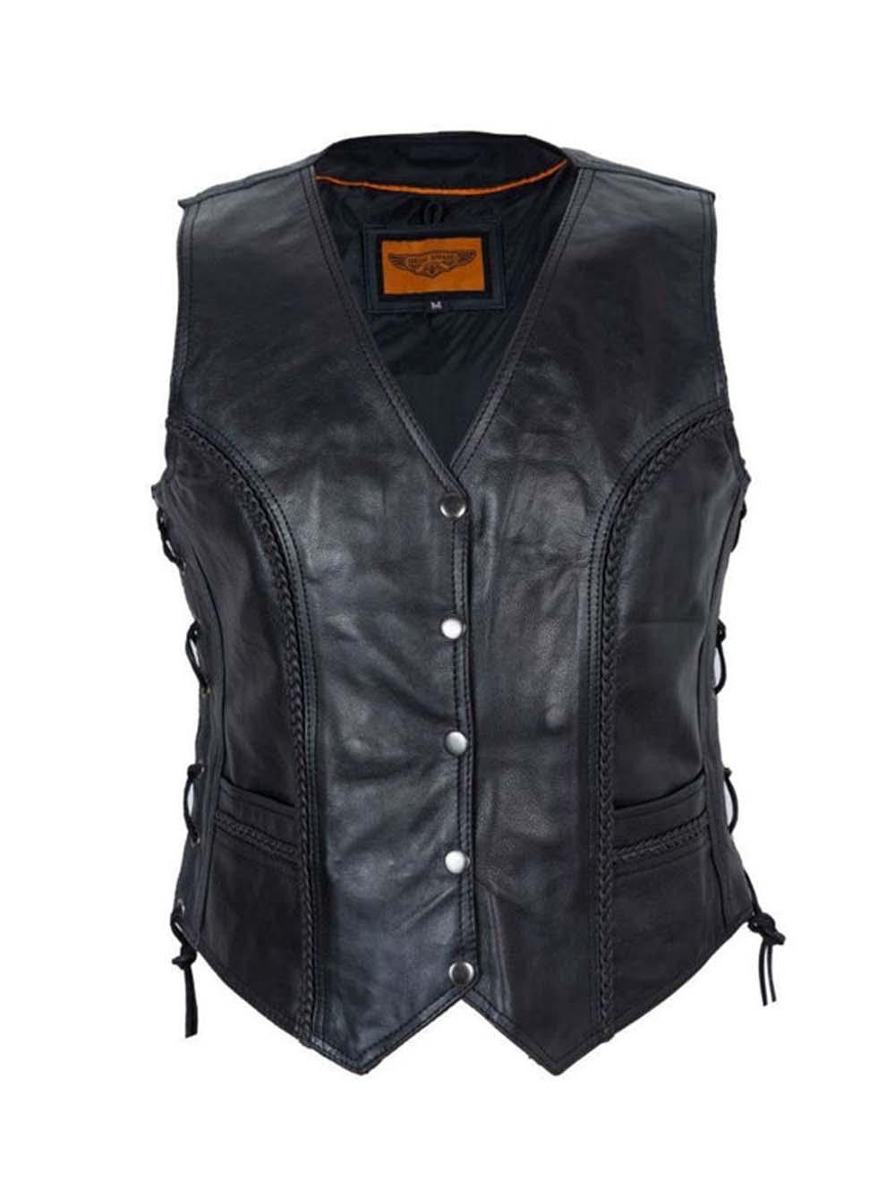 Front view of Women Leather Motorcycle Vest
With Concealed Carry and Side Laces