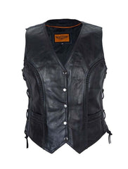 Front view of Women Leather Motorcycle Vest
With Concealed Carry and Side Laces