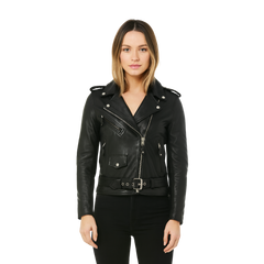 Women Motorcycle Classic Leather Jacket Premium Cowhide Leather Silver Hardware
