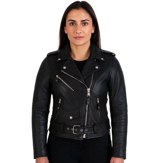 WOMEN’S CLASSIC LEATHER MOTORCYCLE JACKET – PREMIUM COWHIDE WITH CONCEALED CARRY POCKETS & SIDE LACES
