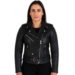 WOMEN’S CLASSIC LEATHER MOTORCYCLE JACKET – PREMIUM COWHIDE WITH CONCEALED CARRY POCKETS & SIDE LACES