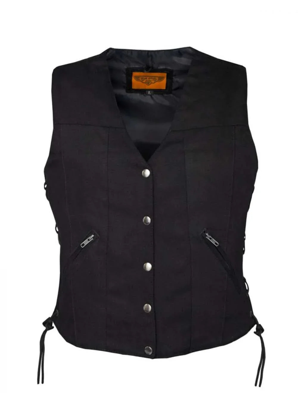 Front view of Black Denim Motorcycle Vest for Women with Side Laces and Snap Front