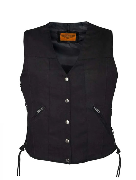 Front view of Black Denim Motorcycle Vest for Women with Side Laces and Snap Front