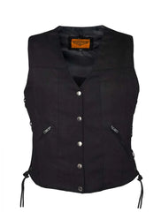 Front view of Black Denim Motorcycle Vest for Women with Side Laces and Snap Front