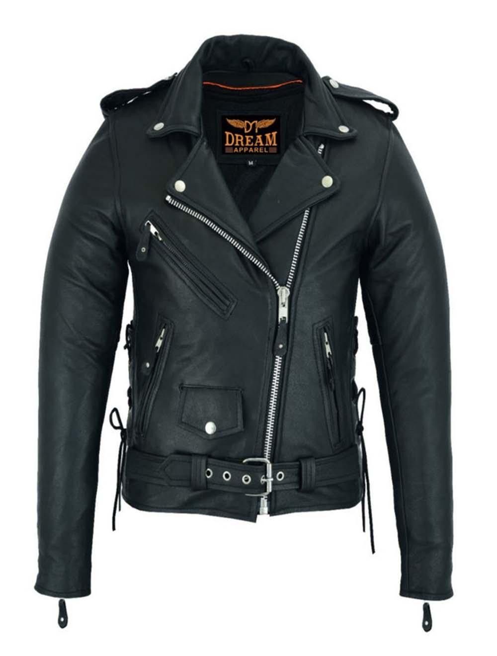 Front view of women’s black leather motorcycle jacket with concealed carry pockets
and side laces