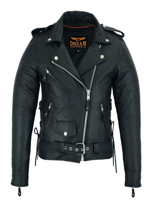 Front view of women’s black leather motorcycle jacket with concealed carry pockets
and side laces