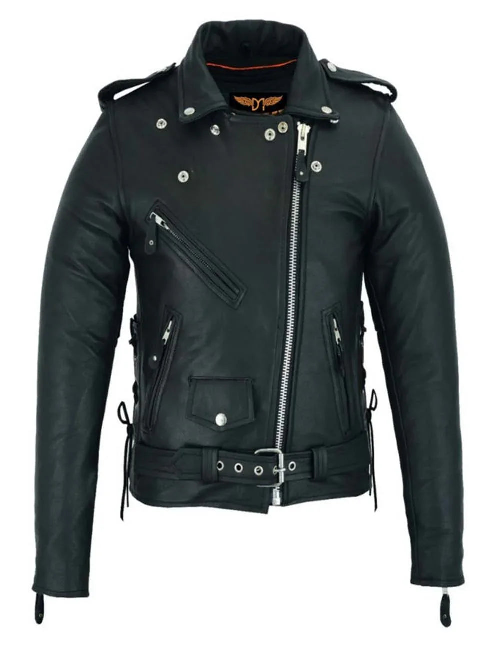 Closed front look of premium cowhide
women’s motorcycle jacket with snap collar