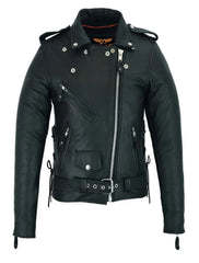 Closed front look of premium cowhide
women’s motorcycle jacket with snap collar
