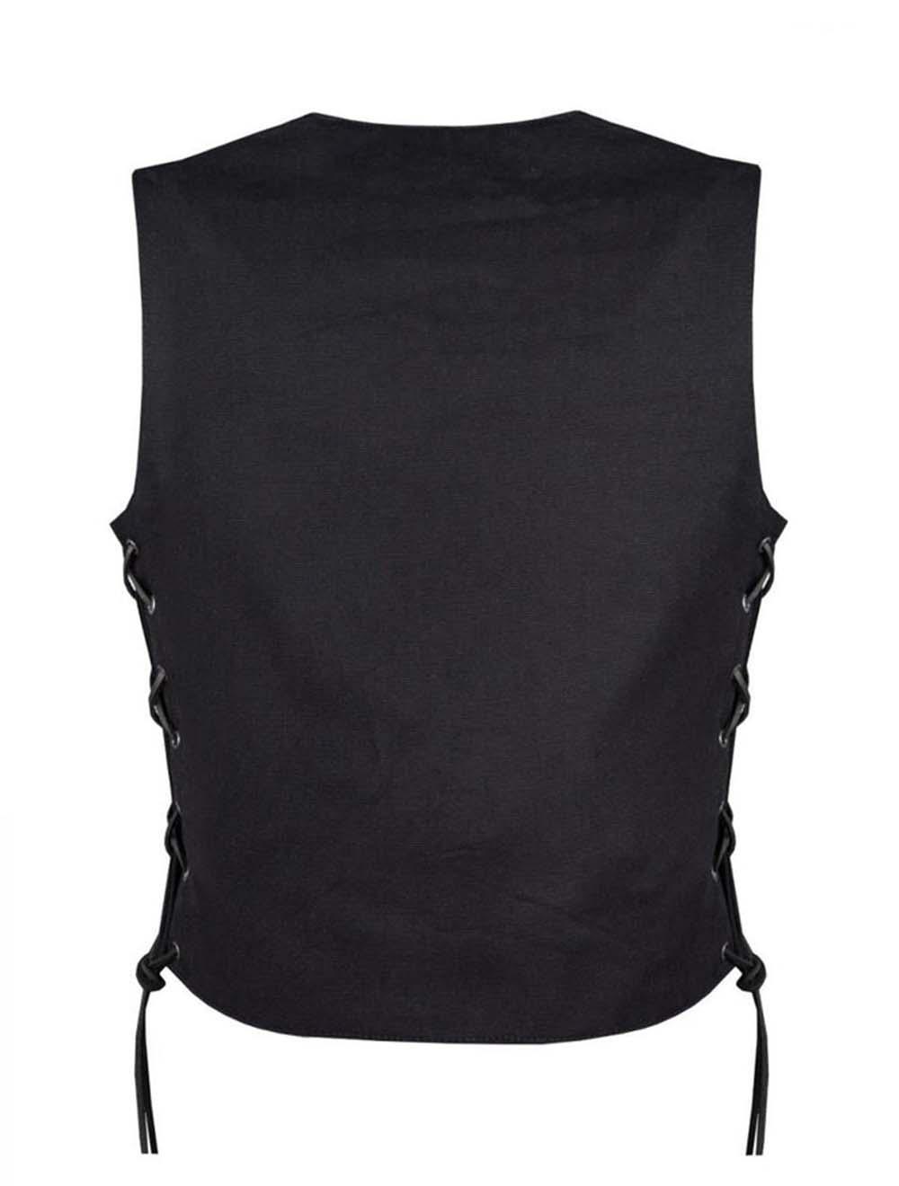 Back view showing clean panel and side laces of Black Ladies Denim Motorcycle Vest