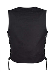Back view showing clean panel and side laces of Black Ladies Denim Motorcycle Vest