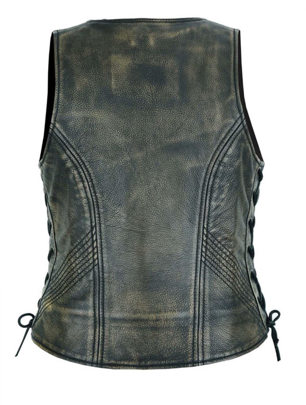 Back view of Women’s Distressed Brown Naked Leather Biker Vest with Adjustable Side Laces