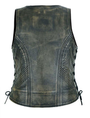 Back view of Women’s Distressed Brown Naked Leather Biker Vest with Adjustable Side Laces