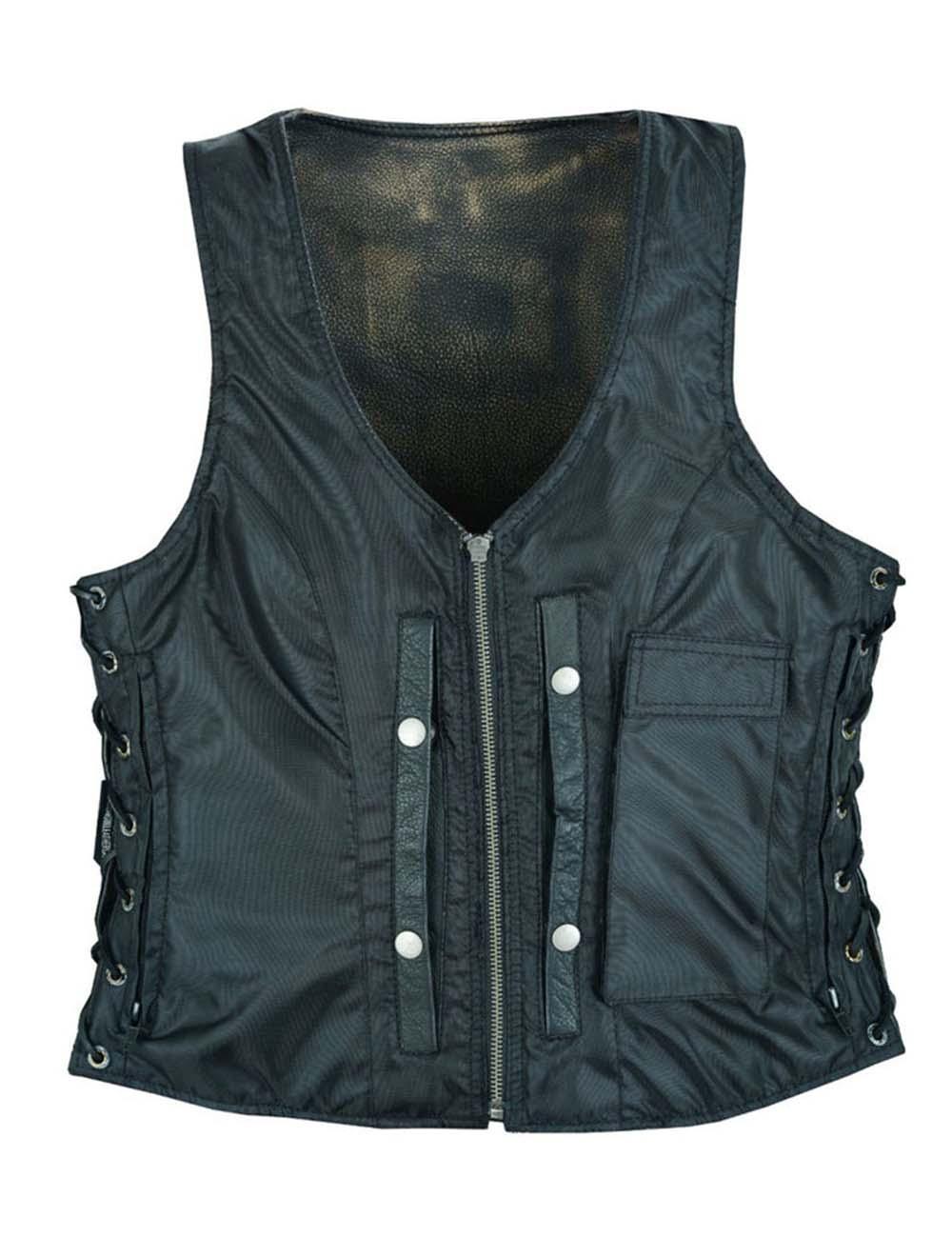 Front view of Women’s Distressed Brown Naked Leather Motorcycle Vest with Side Laces and Zipper