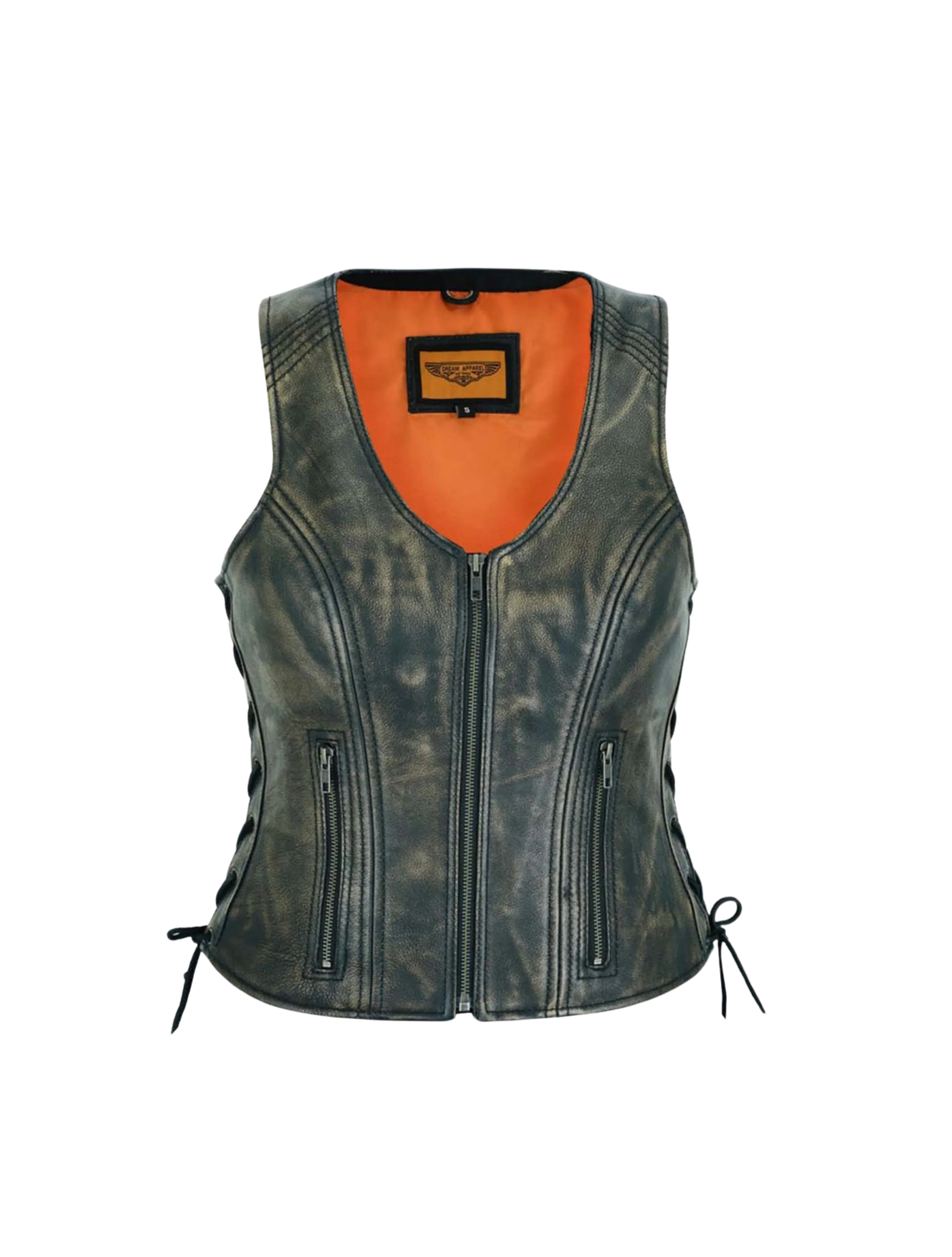 Front view of Women’s Distressed Brown Naked Leather Motorcycle Vest with Side Laces and Zipper