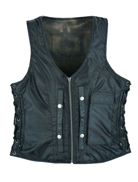 Front view of Women’s Distressed Brown Naked Leather Motorcycle Vest with Side Laces and Zipper