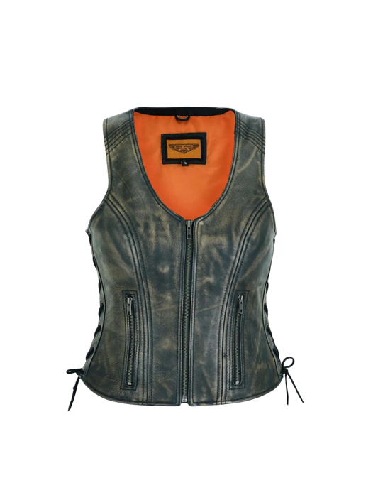 Front view of Women’s Distressed Brown Naked Leather Motorcycle Vest with Side Laces and Zipper