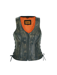 Front view of Women’s Distressed Brown Naked Leather Motorcycle Vest with Side Laces and Zipper