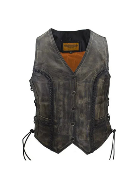 Front view of Women’s Longer Cut Distressed Brown Leather Motorcycle Vest with
Concealed Carry