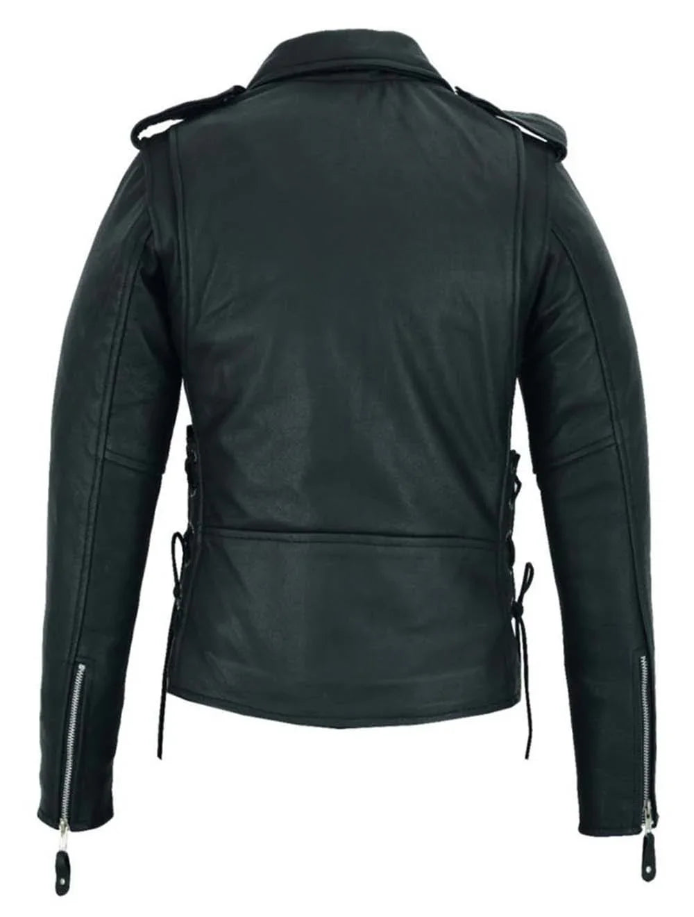 Back view of classic women’s black leather
motorcycle jacket with full back panel