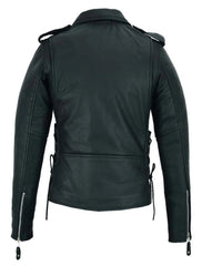 Back view of classic women’s black leather
motorcycle jacket with full back panel