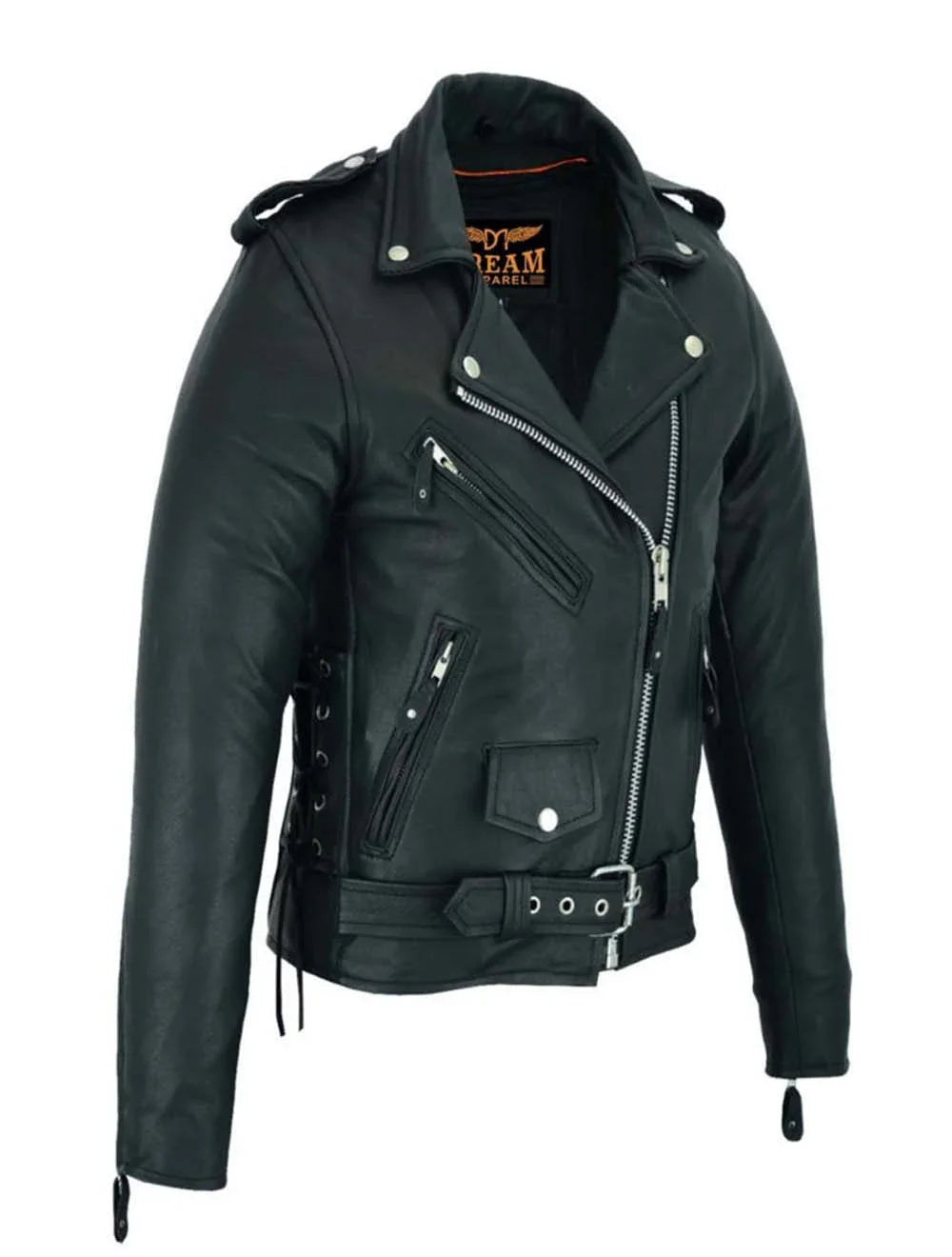 Side angle of heavy-duty black leather biker
jacket for women with belt and zip