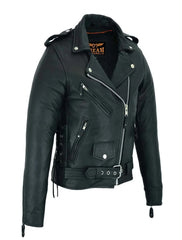 Side angle of heavy-duty black leather biker
jacket for women with belt and zip