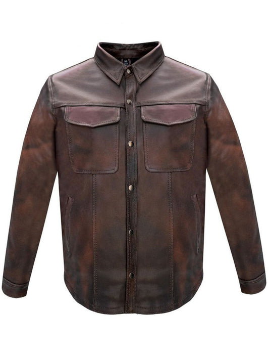Men's Distressed Brown Leather Shirt with Concealed Carry