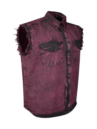 Mens Biker Cuttoff Cotton Shirt Stonewash Burgundy