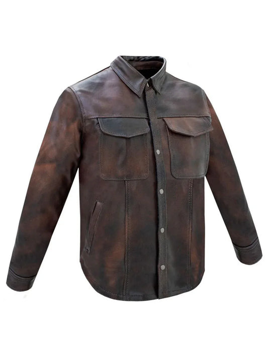 Side view of brown leather concealed carry shirt for men