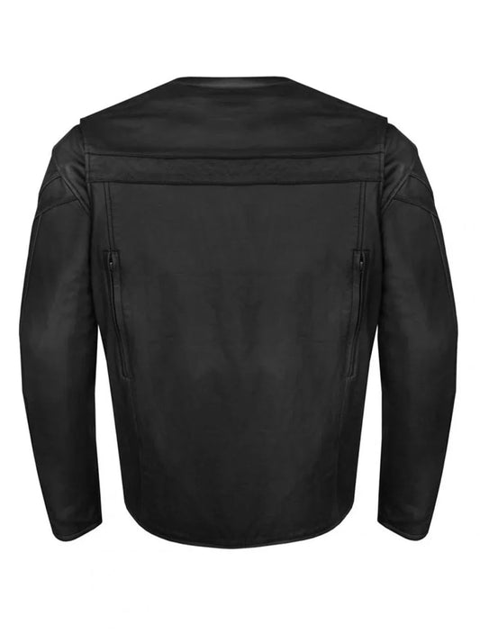 Back of men’s thick cowhide motorcycle jacket with clean seam design