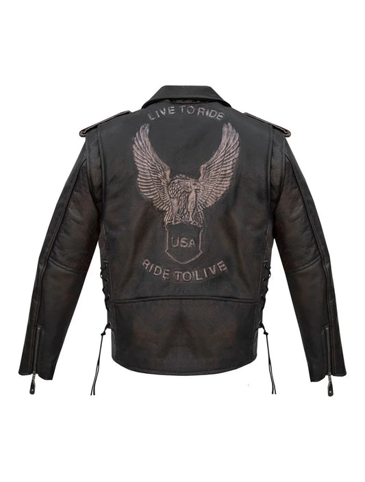 Large embossed American eagle on back of men’s leather jacket