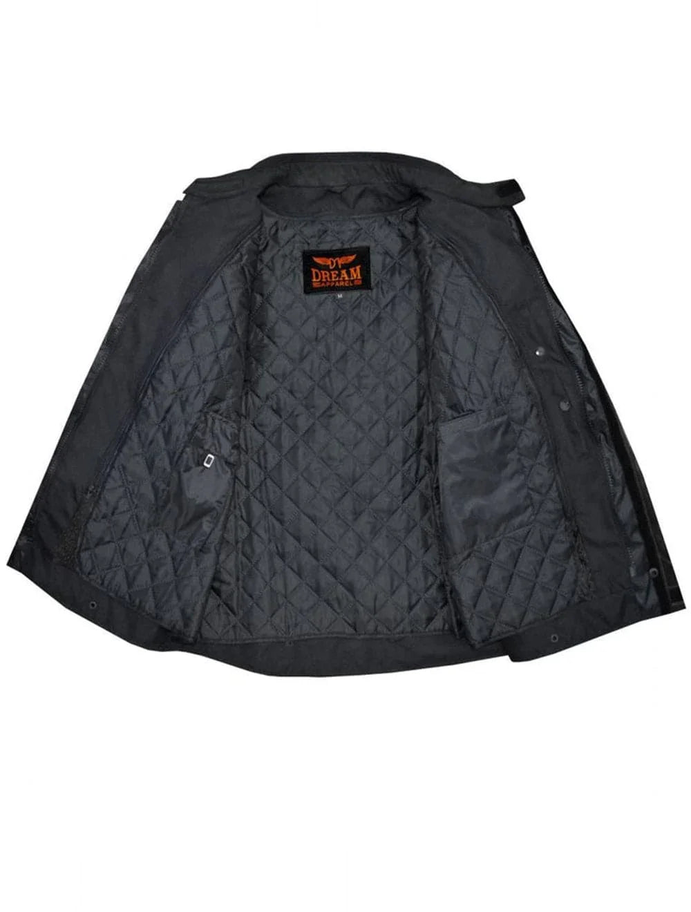 Quilted interior lining of men’s black motorcycle jacket